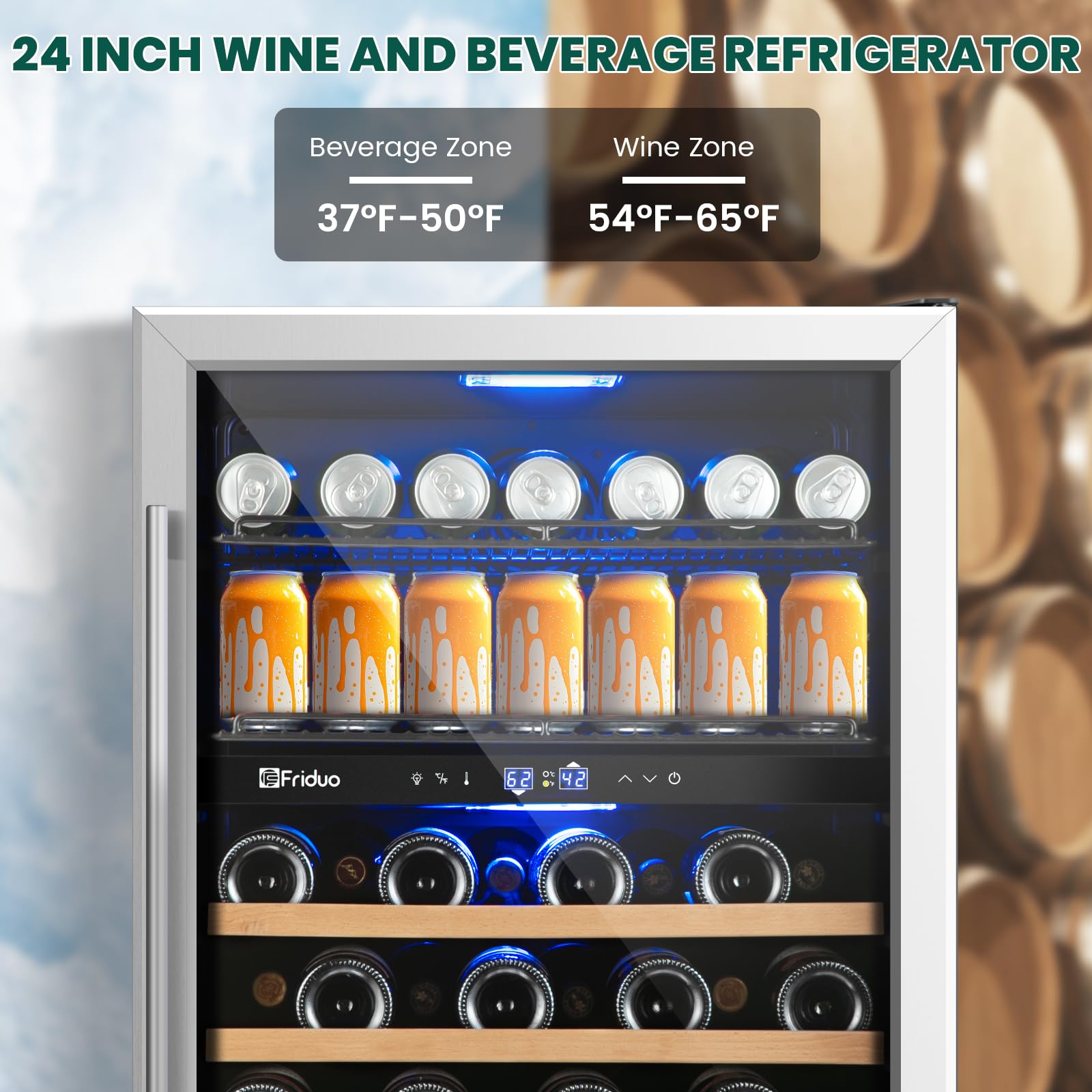 Friduo 24 Inch Beverage Refrigerator,30 Bottles & 82 Cans Dual Zone Beverage Fridge Built-In or Freestanding With Glass Door for Soda, Wine, Water - For Kitchen, Bar Or Office | Fridge.com