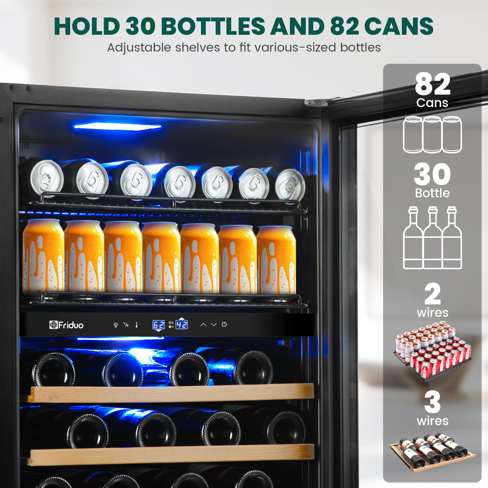 Friduo 24 Inch Beverage Refrigerator,30 Bottles & 82 Cans Dual Zone Beverage Fridge Built-In or Freestanding With Glass Door for Soda, Wine, Water - For Kitchen, Bar Or Office | Fridge.com