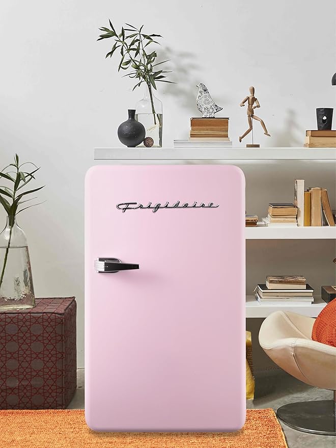 Frigidaire Retro Compact Refrigerator with Chiller, 3.2 cu ft Countertop Fridge, Built-In Bottle Opener, Rounded Corners, Premium, for Office, Bedroom, Dorm Room, Cabin, 18.5D x 20W x 31.5H (Pink) | Fridge.com