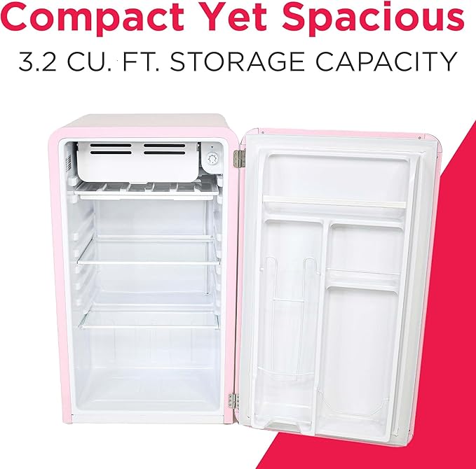 Frigidaire Retro Compact Refrigerator With Chiller, 3.2 cu ft Countertop Fridge, Built-In Bottle Opener, Rounded Corners, Premium, For Office, Bedroom, Dorm Room, Cabin, 18.5D X 20W X 31.5H (Pink) - View 3 | Fridge.com