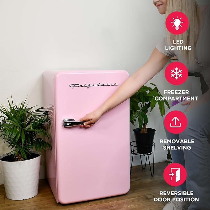 Frigidaire Retro Compact Refrigerator With Chiller, 3.2 cu ft Countertop Fridge, Built-In Bottle Opener, Rounded Corners, Premium, For Office, Bedroom, Dorm Room, Cabin, 18.5D X 20W X 31.5H (Pink) - View 4 | Fridge.com