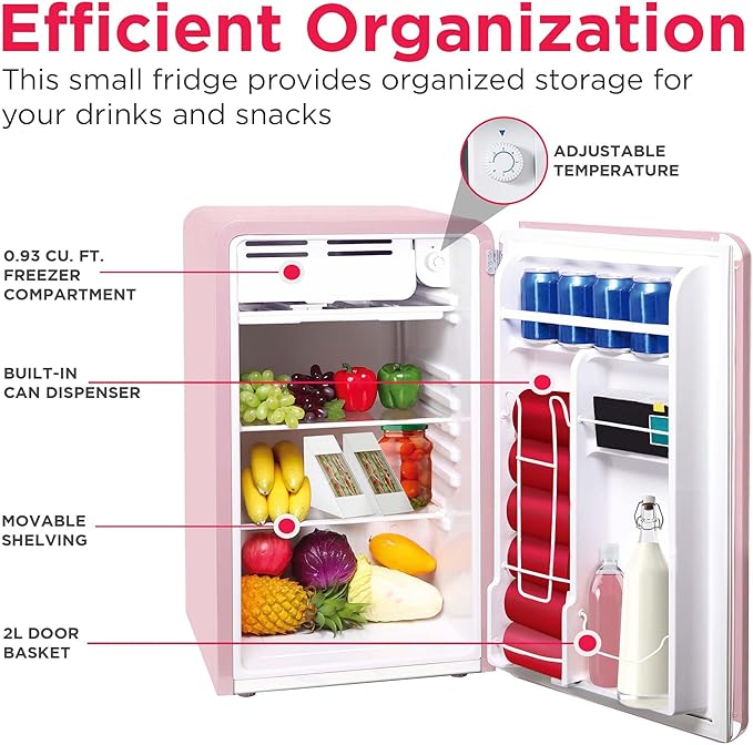 Frigidaire Retro Compact Refrigerator With Chiller, 3.2 cu ft Countertop Fridge, Built-In Bottle Opener, Rounded Corners, Premium, For Office, Bedroom, Dorm Room, Cabin, 18.5D X 20W X 31.5H (Pink) - View 5 | Fridge.com