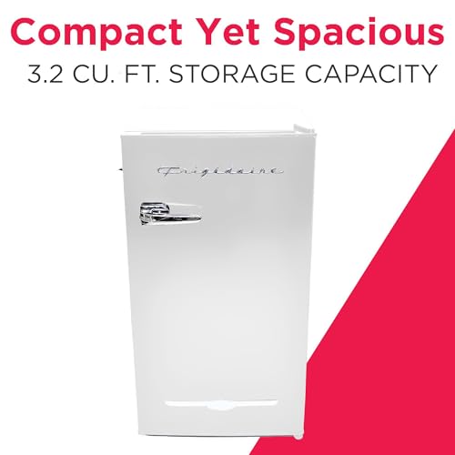 Frigidaire Retro Compact Fridge with Chiller, 3.2 cu ft Countertop Fridge with Built-In Bottle Opener, Compact Refrigerator for Office, Bedroom, Dorm Room or Cabin - 18.7"D x 19.01"W x 33.27"H (White) | Fridge.com