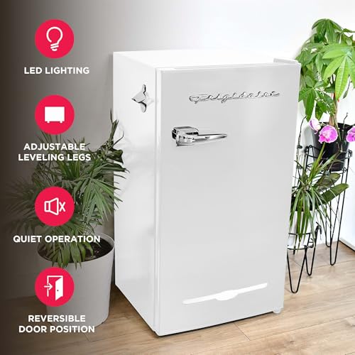 Frigidaire Retro Compact Fridge with Chiller, 3.2 cu ft Countertop Fridge with Built-In Bottle Opener, Compact Refrigerator for Office, Bedroom, Dorm Room or Cabin - 18.7"D x 19.01"W x 33.27"H (White) | Fridge.com