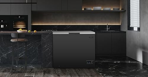 Frigidaire Chest Deep Freezer, 7 cu. ft, Black Adjustable Thermostat-Removable Vinyl Coated Wire Basket-Easy Defrost Drain, Eye-Catching Stainless Steel Top Door- Garage Ready - View 2 | Fridge.com