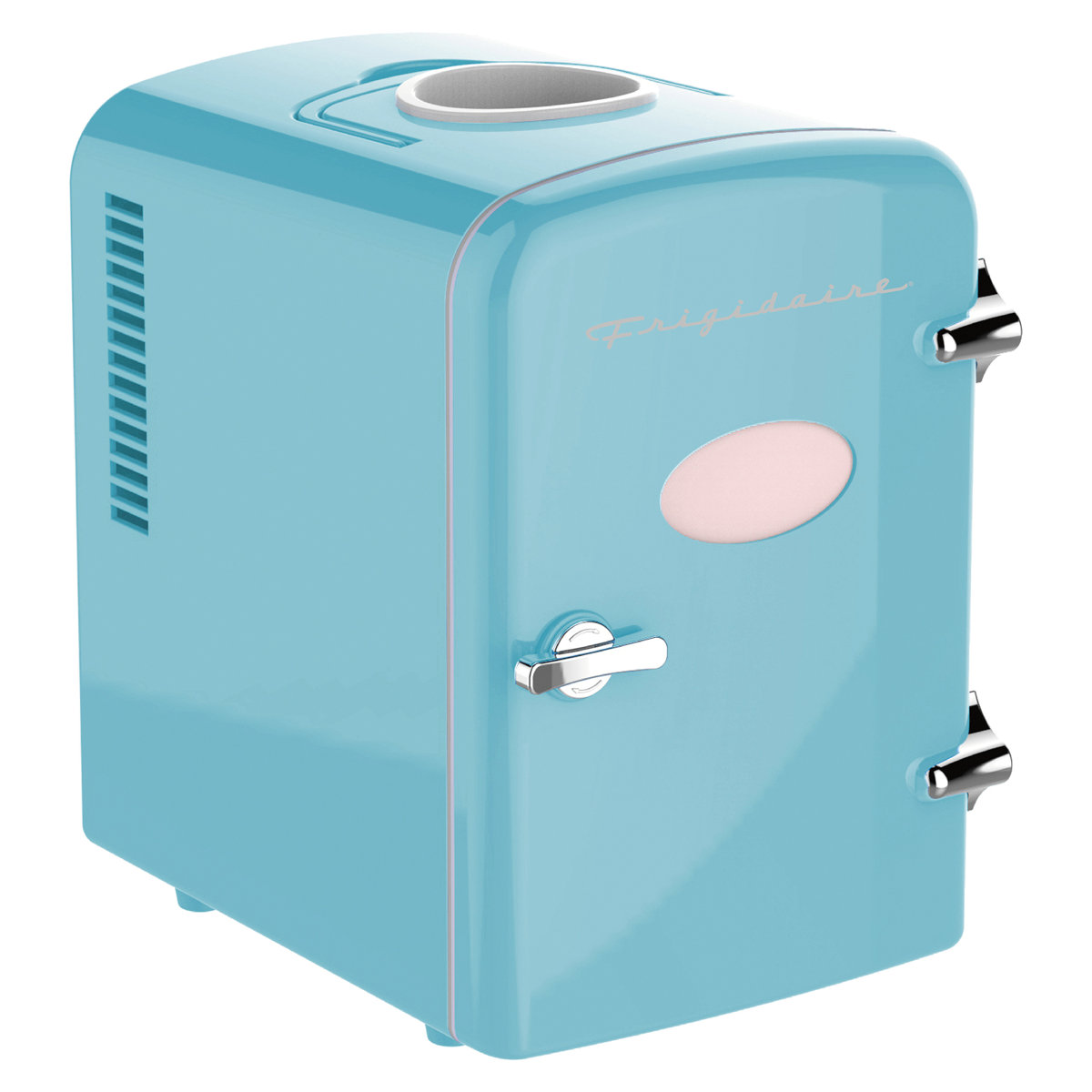 Frigidaire - 6+1-Can 48W Retro Mini Portable Fridge with Top-Mounted Active-Cooling Can Holder - Blue | Fridge.com