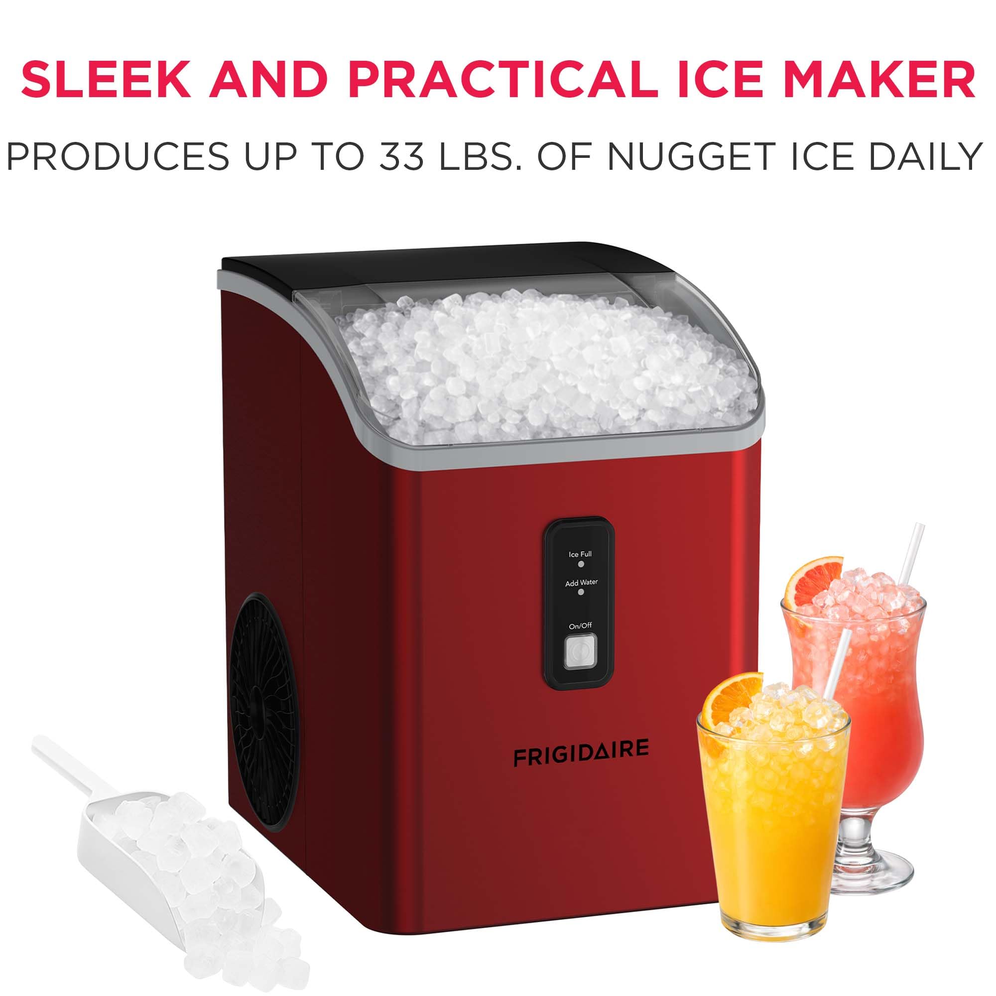 Frigidaire Countertop Crunchy Chewable Nugget Ice Maker, Compact, 33lbs Per Day, Red Metallic Finish - View 2 | Fridge.com