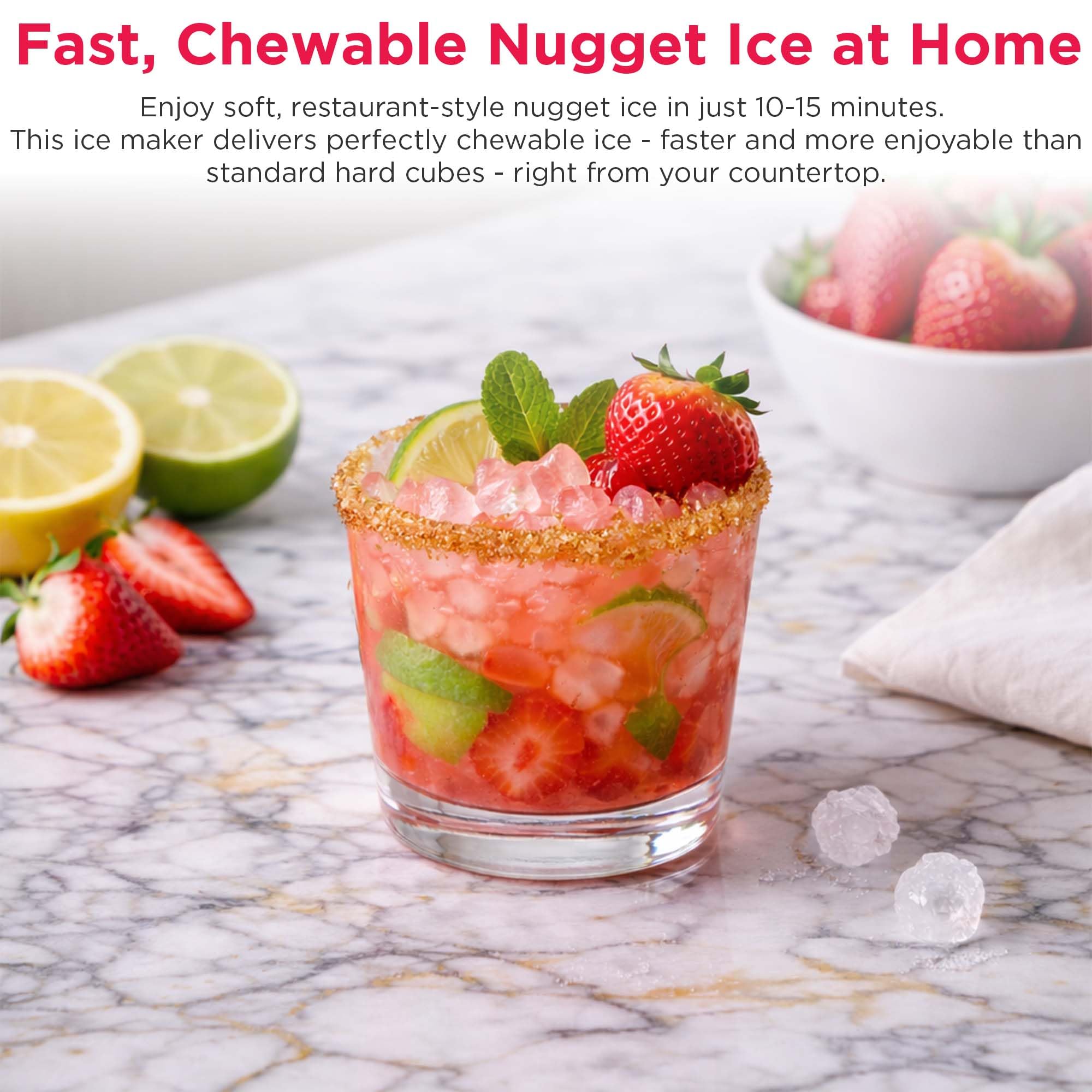 Frigidaire Countertop Crunchy Chewable Nugget Ice Maker, Compact, 33lbs Per Day, Red Metallic Finish - View 3 | Fridge.com
