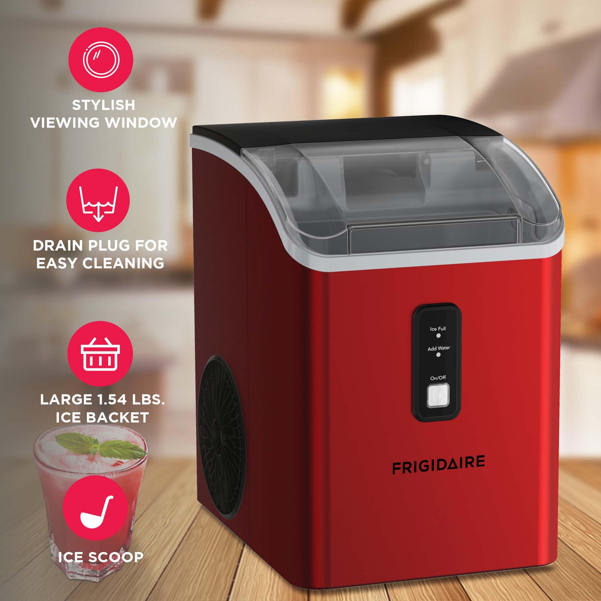 Frigidaire Countertop Crunchy Chewable Nugget Ice Maker, Compact, 33lbs Per Day, Red Metallic Finish - View 4 | Fridge.com