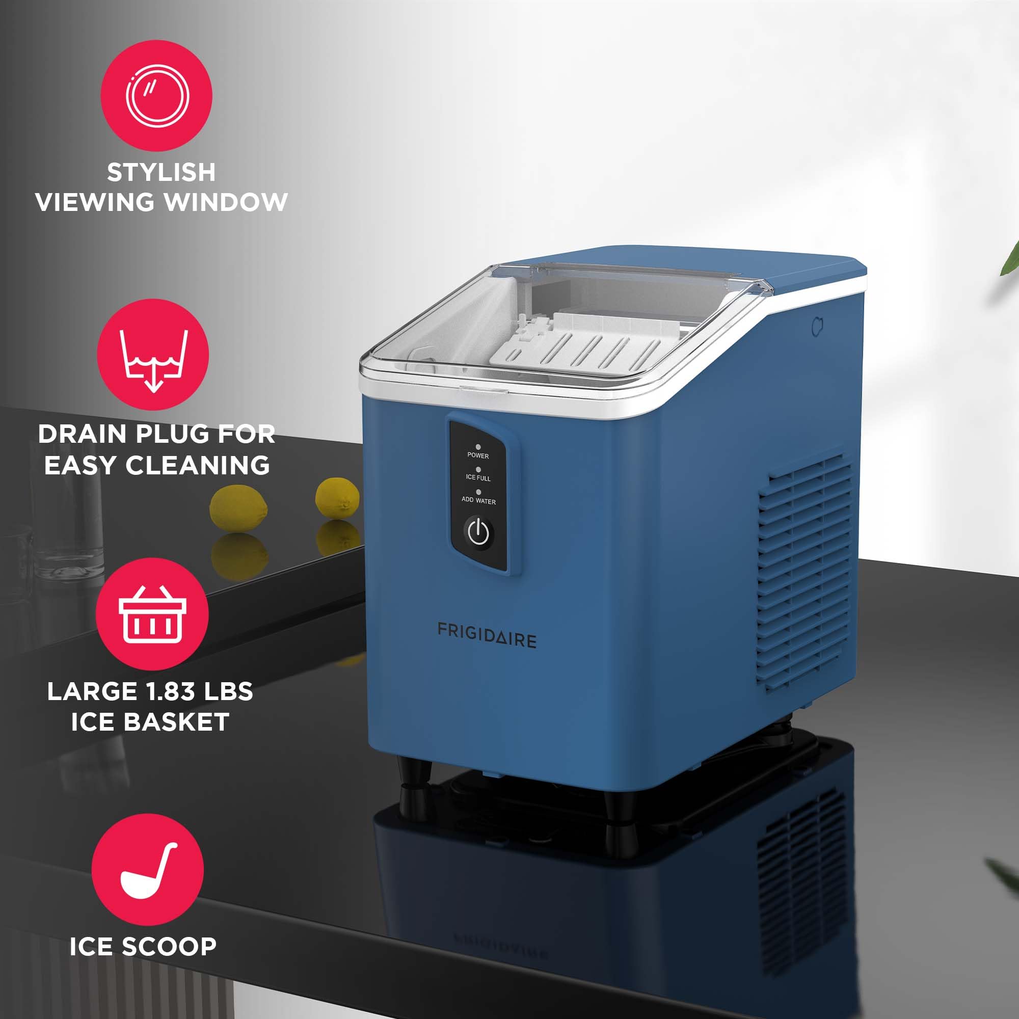 FRIGIDAIRE Compact Countertop Ice Maker Machine, Produces 26 lb of Bullet Ice per Day, Blue | Fridge.com