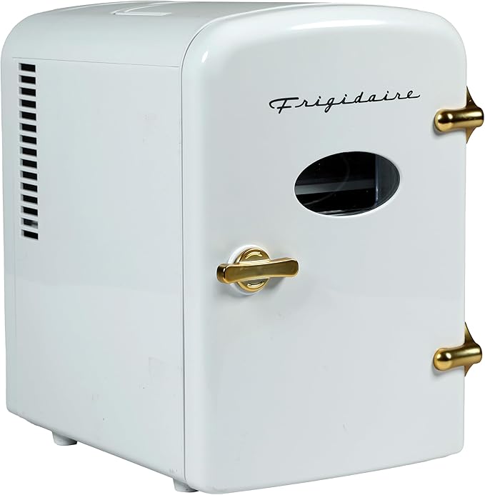 Frigidaire Retro Mini Personal Fridge Cooler, Holds up to 9 Cans, Portable for Car, Office, Bedroom, Dorm Room, or Cabin, Includes 110V AC and 12V DC cords - White Gold (Special Edition Color) | Fridge.com