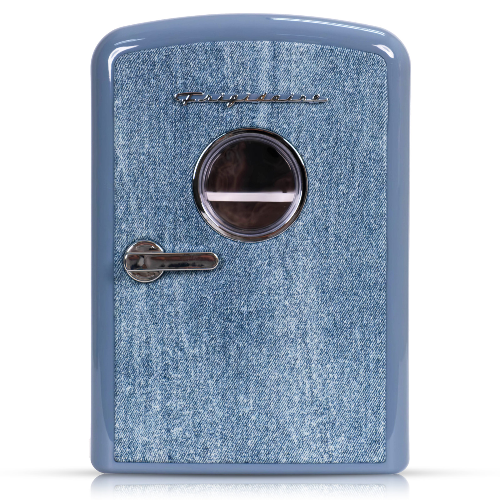 Frigidaire - Retro Mini Personal Fridge Cooler, Holds 9 Cans, Portable- Car, Office, Bedroom, Dorm, Cabin, Light Denim - Custom Panel Ready | Fridge.com