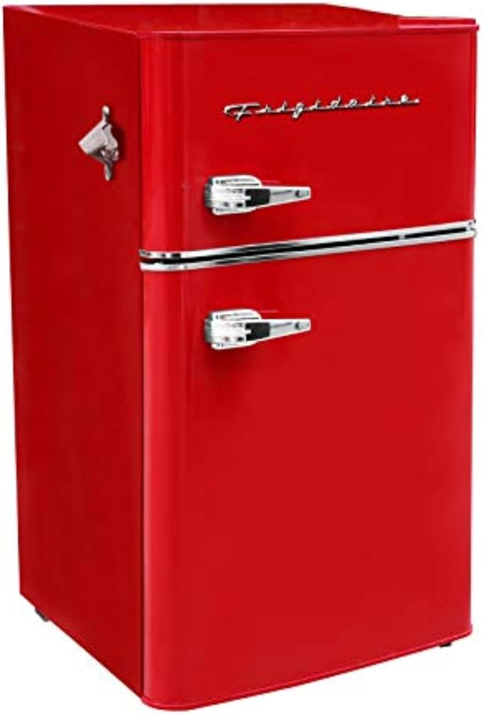 Frigidaire Retro Compact Fridge Freezer Combo, 3.1 cu. ft. Capacity, Small Top Freezer Refrigerator, Mini Fridge with Built-in Bottle Opener – 19”"D x 20.5" W x 33.5" H (Red) | Fridge.com