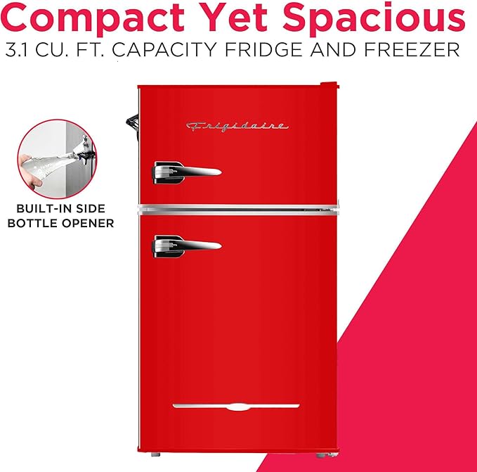 Frigidaire Retro Compact Fridge Freezer Combo, 3.1 cu. ft. Capacity, Small Top Freezer Refrigerator, Mini Fridge With Built-In Bottle Opener – 19”"D X 20.5" W X 33.5" H (Red) - View 2 | Fridge.com