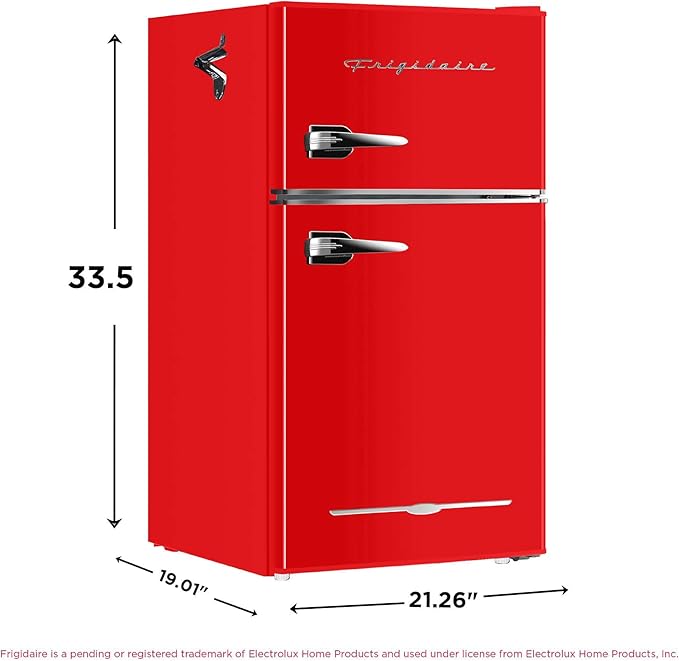 Frigidaire Retro Compact Fridge Freezer Combo, 3.1 cu. ft. Capacity, Small Top Freezer Refrigerator, Mini Fridge With Built-In Bottle Opener – 19”"D X 20.5" W X 33.5" H (Red) - View 5 | Fridge.com