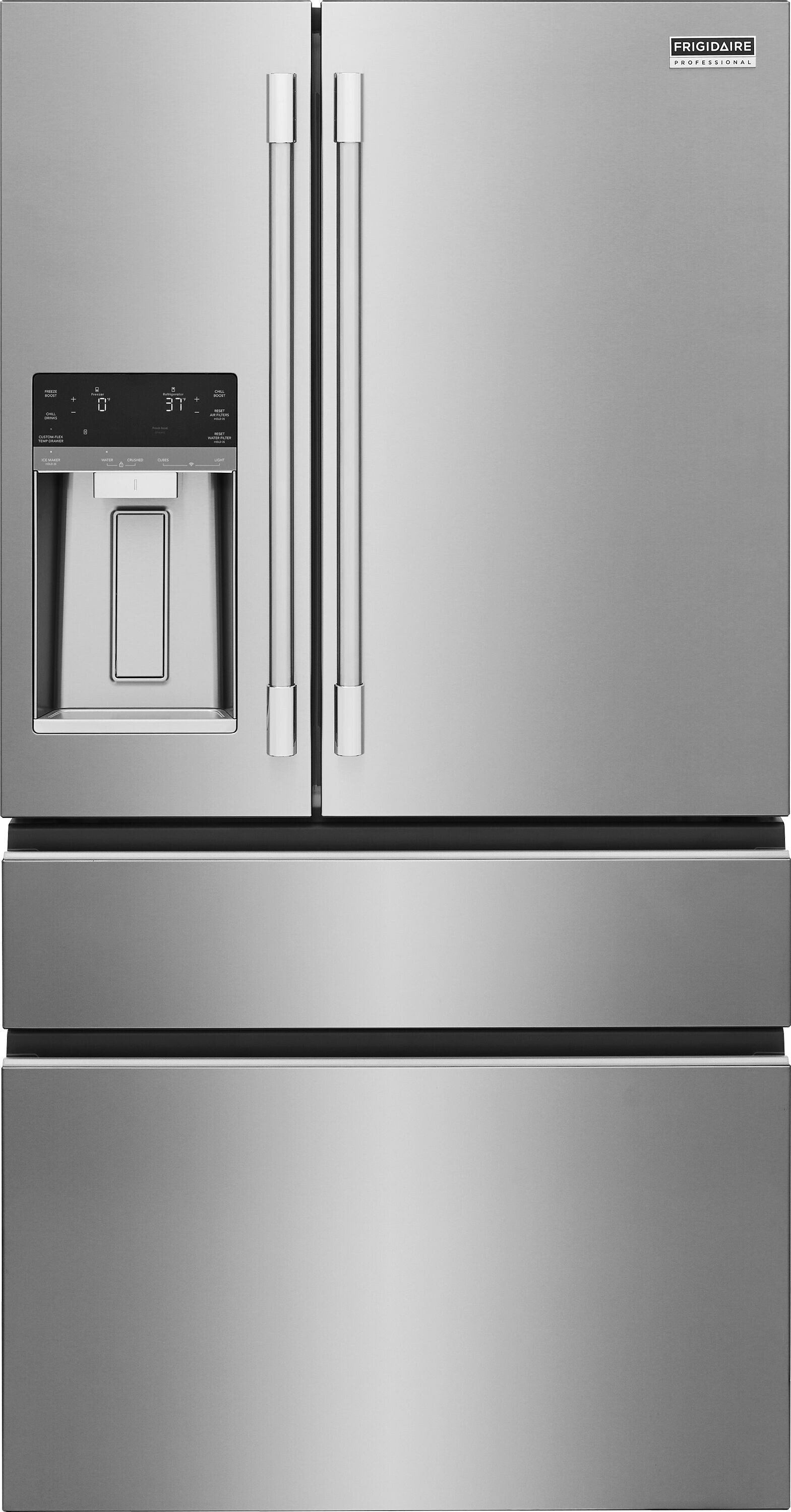 36 in. 22 Cu. Ft. Counter-Depth 4-Door French Door Refrigerator in Smudge-Proof Stainless Steel — Frigidaire Professional, model PRMC2290BF