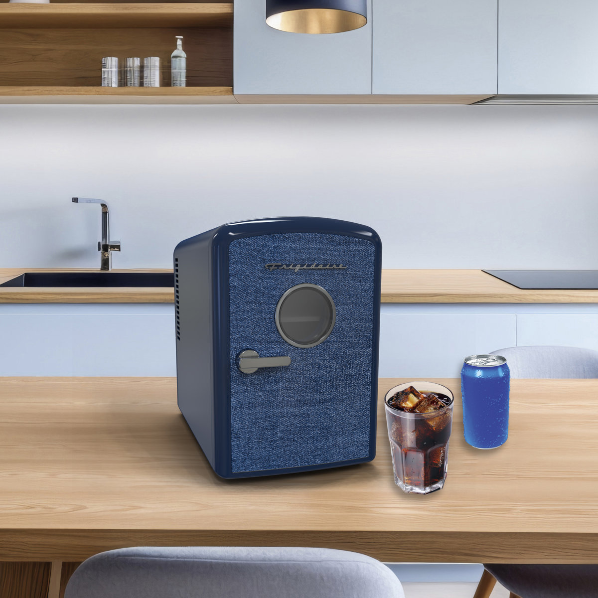 Retro Mini Personal Fridge Cooler, Holds 9 Cans, Portable- Car, Office, Bedroom, Dorm, Cabin, Indigo Denim - Blue | Fridge.com