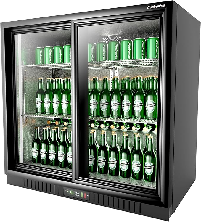 Frostronics 36 Inch 228 Cans Double Door Back Bar Beverage Cooler, 6.5 cu. ft. Under Counter Glass Bar Fridge With Sliding Door, Lockable, 32-50F Display Refrigerator, ETL & NSF7 Certified | Fridge.com