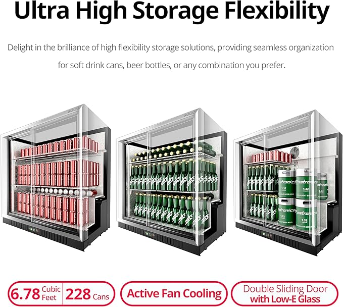Frostronics 36 Inch 228 Cans Double Door Back Bar Beverage Cooler, 6.5 cu. ft. Under Counter Glass Bar Fridge With Sliding Door, Lockable, 32-50F Display Refrigerator, Etl & NSF7 Certified - View 2 | Fridge.com