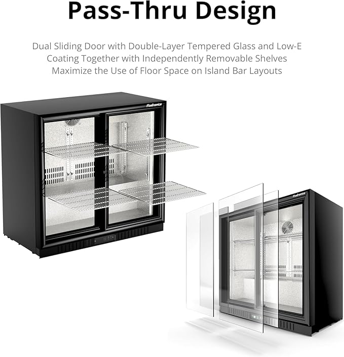 Frostronics 36 Inch 228 Cans Double Door Back Bar Beverage Cooler, 6.5 cu. ft. Under Counter Glass Bar Fridge With Sliding Door, Lockable, 32-50F Display Refrigerator, Etl & NSF7 Certified - View 3 | Fridge.com