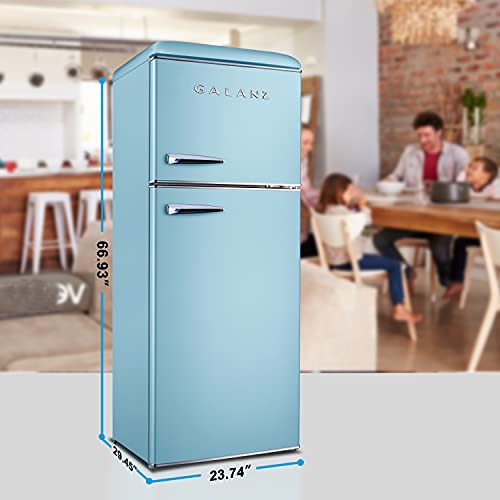 Galanz GLR12TBEEFR Refrigerator, Dual Door Fridge, Adjustable Electrical Thermostat Control with Top Mount Freezer Compartment, Retro Blue, 12.0 Cu Ft | Fridge.com