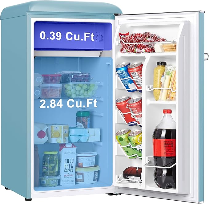 Galanz GLR33MBER10 Retro Compact Refrigerator, Single Door Fridge, Adjustable Mechanical Thermostat With Chiller, Blue, 3.3 cu ft - View 2 | Fridge.com