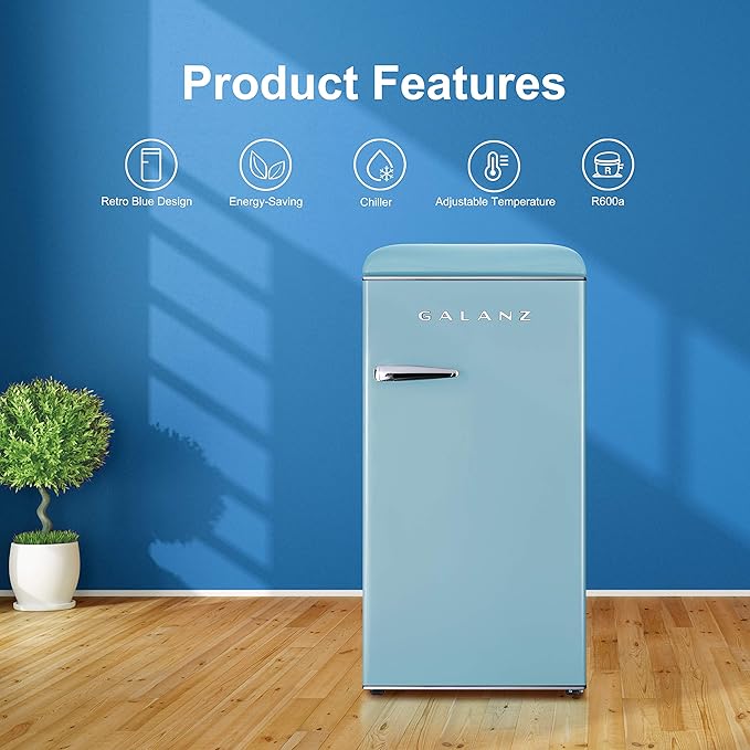 Galanz GLR33MBER10 Retro Compact Refrigerator, Single Door Fridge, Adjustable Mechanical Thermostat With Chiller, Blue, 3.3 cu ft - View 3 | Fridge.com