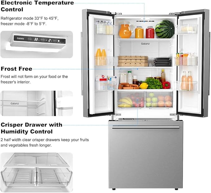 Galanz GLR16FS2K16 3 French Door Refrigerator With Bottom Freezer & Installed Ice Maker, 16 cu ft, Stainless Steel - View 2 | Fridge.com