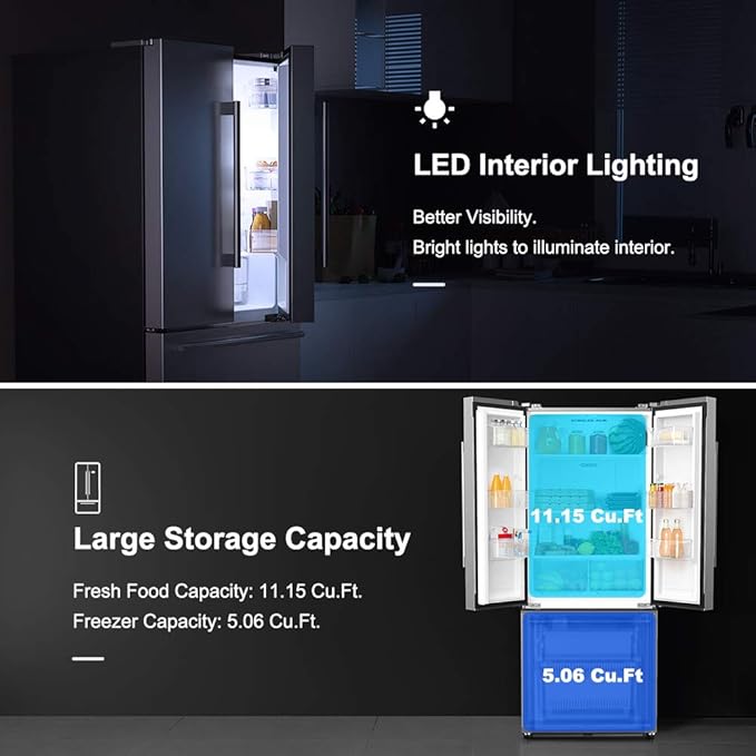 Galanz GLR16FS2K16 3 French Door Refrigerator With Bottom Freezer & Installed Ice Maker, 16 cu ft, Stainless Steel - View 3 | Fridge.com