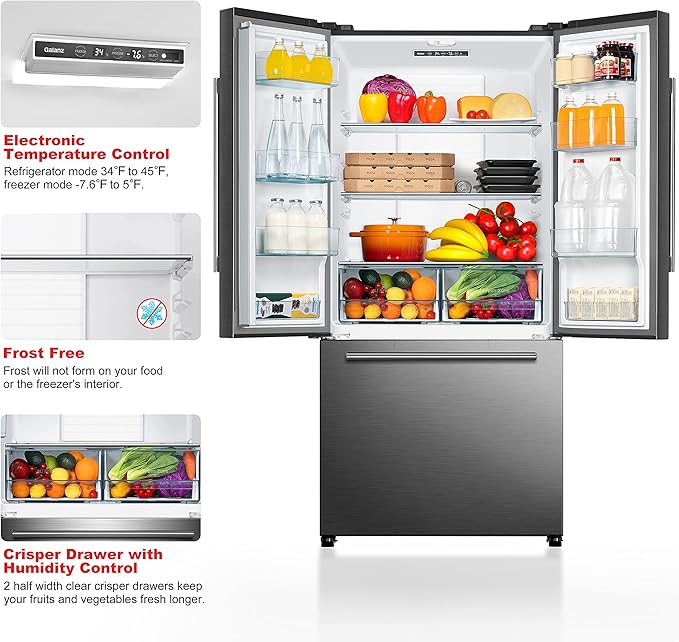 Galanz GLR18FS5S16 French Door Refrigerator with Installed Ice Maker and Bottom Freezer Adjustable Electrical Thermostat Control, Frost Free, Energy Star Certified, Stainless Steel, 18 Cu Ft | Fridge.com