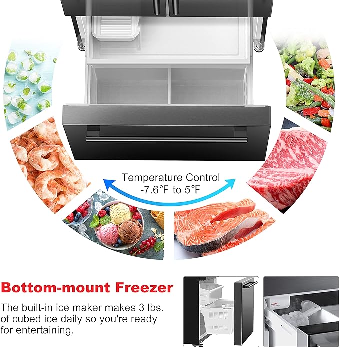 Galanz GLR18FS5S16 French Door Refrigerator with Installed Ice Maker and Bottom Freezer Adjustable Electrical Thermostat Control, Frost Free, Energy Star Certified, Stainless Steel, 18 Cu Ft | Fridge.com