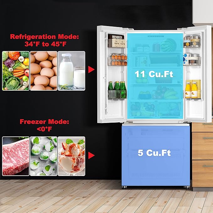 Galanz 3-Door French Door Refrigerator with Bottom Freezer & Adjustable Thermostat, 16 Cu Ft, White | Fridge.com