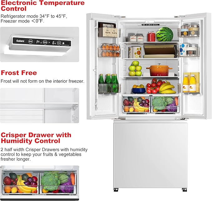 Galanz 3-Door French Door Refrigerator with Bottom Freezer & Adjustable Thermostat, 16 Cu Ft, White | Fridge.com