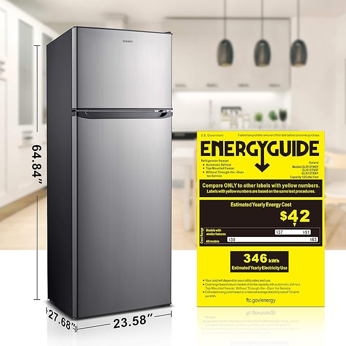 Galanz GLR12TS5F Refrigerator, Dual Door Fridge, Adjustable Electrical Thermostat Control with Top Mount Freezer Compartment, 12.0 Cu.Ft, Stainless Steel, 12 | Fridge.com