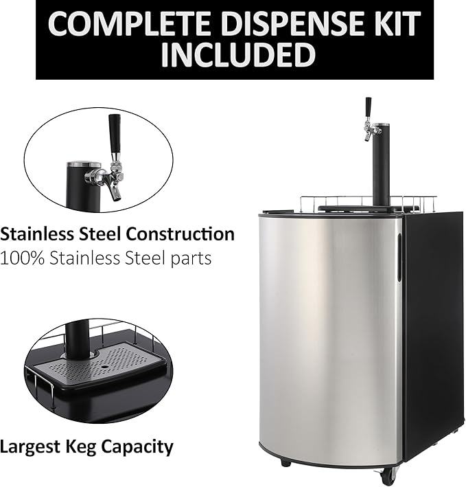 Garveehome Beer Kegerator, Single Tap Draft Beer Dispenser Full Size Keg Refrigerator With Shelves, Stainless Steel, Drip Tray & Rail,32°F- 50°F Temperature Control Coller 128 L - View 3 | Fridge.com