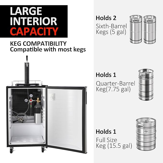 Garveehome Beer Kegerator, Single Tap Draft Beer Dispenser Full Size Keg Refrigerator With Shelves, Stainless Steel, Drip Tray & Rail,32°F- 50°F Temperature Control Coller 128 L - View 6 | Fridge.com