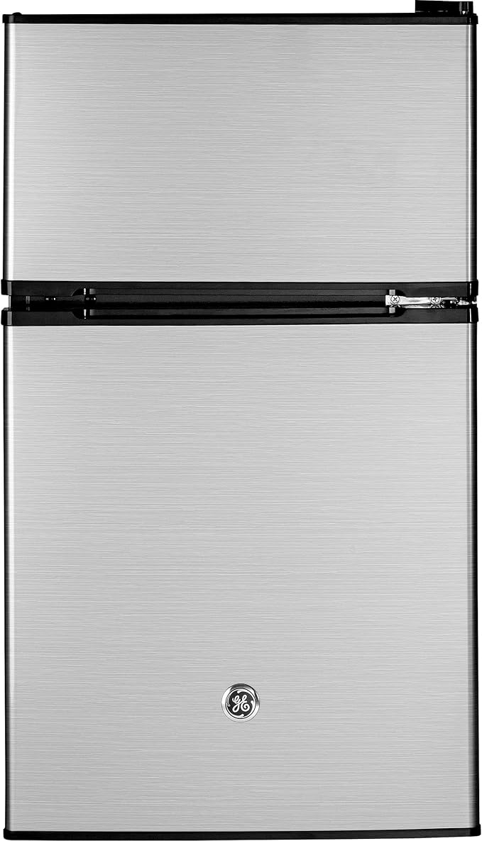 GE Mini Fridge With Freezer | 3.1 Cubic Ft. | Double-Door Design With Glass Shelves, Crisper Drawer & Spacious Freezer | Small Refrigerator Perfect for the Garage, Dorm Room, or Bedroom | Clean Steel | Fridge.com