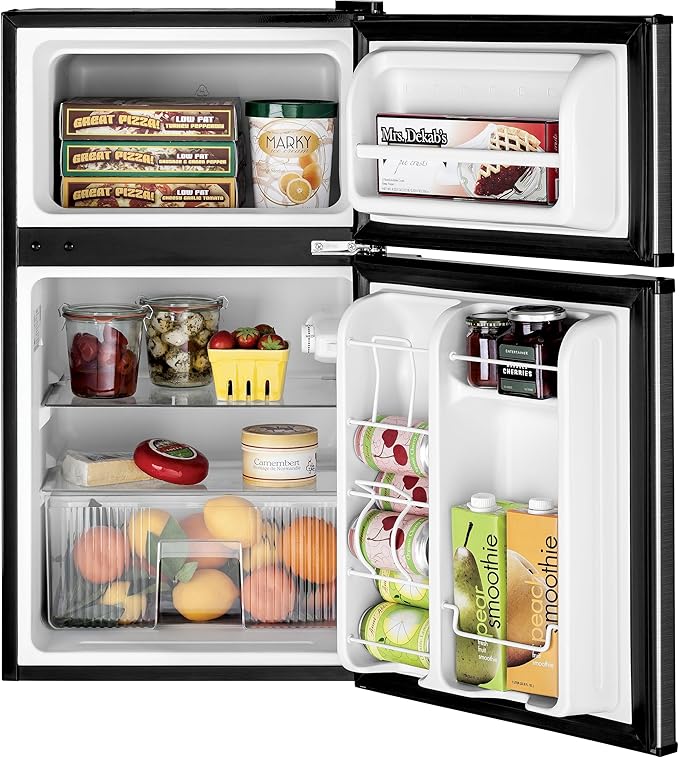 GE Mini Fridge With Freezer | 3.1 Cubic Ft. | Double-Door Design With Glass Shelves, Crisper Drawer & Spacious Freezer | Small Refrigerator Perfect For The Garage, Dorm Room, Or Bedroom | Clean Steel - View 2 | Fridge.com