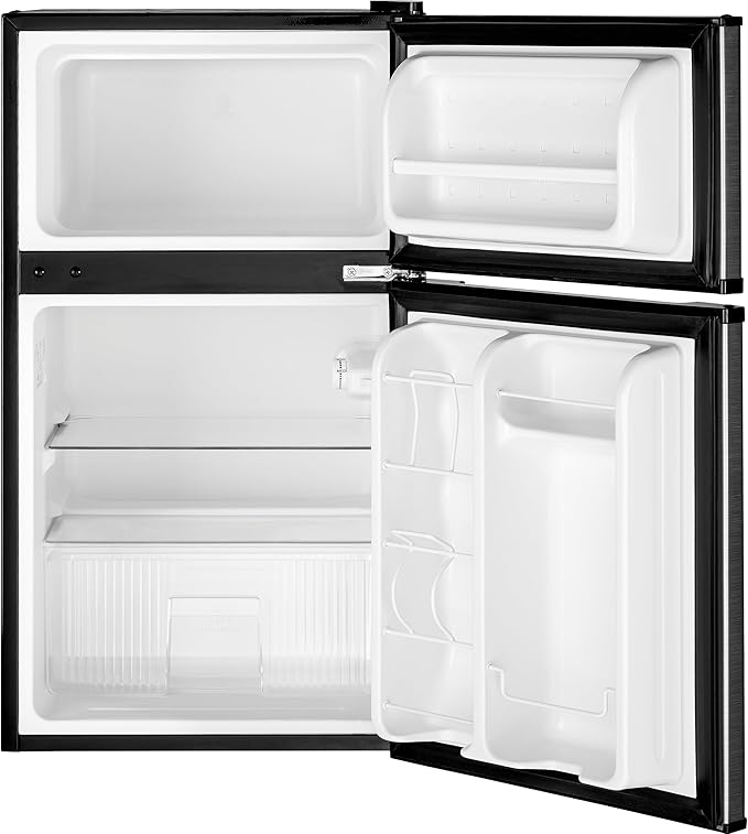 GE Mini Fridge With Freezer | 3.1 Cubic Ft. | Double-Door Design With Glass Shelves, Crisper Drawer & Spacious Freezer | Small Refrigerator Perfect For The Garage, Dorm Room, Or Bedroom | Clean Steel - View 3 | Fridge.com