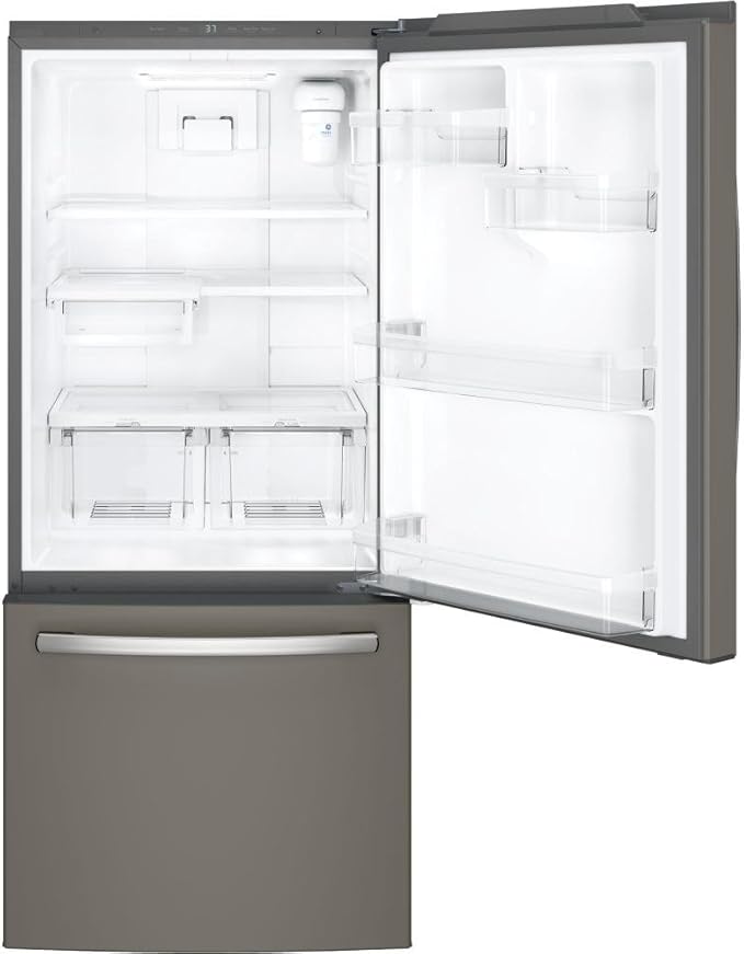 GE Gde21emkes Bottom Freezer Refrigerator, Solid Black - View 4 | Fridge.com