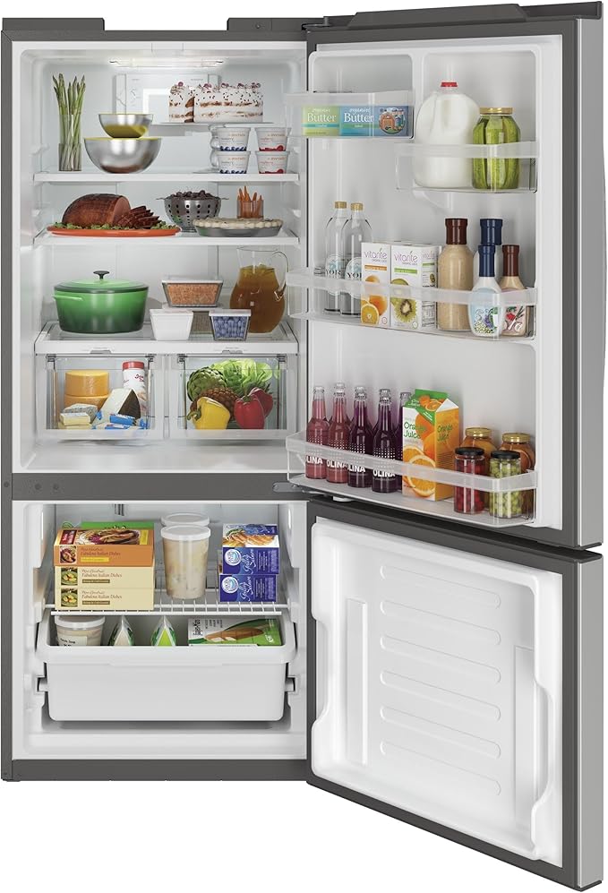 GE 21.0 Cu. Ft. Bottom Freezer Refrigerator In Fingerprint Resistant Stainless Steel, Standard Depth - View 2 | Fridge.com