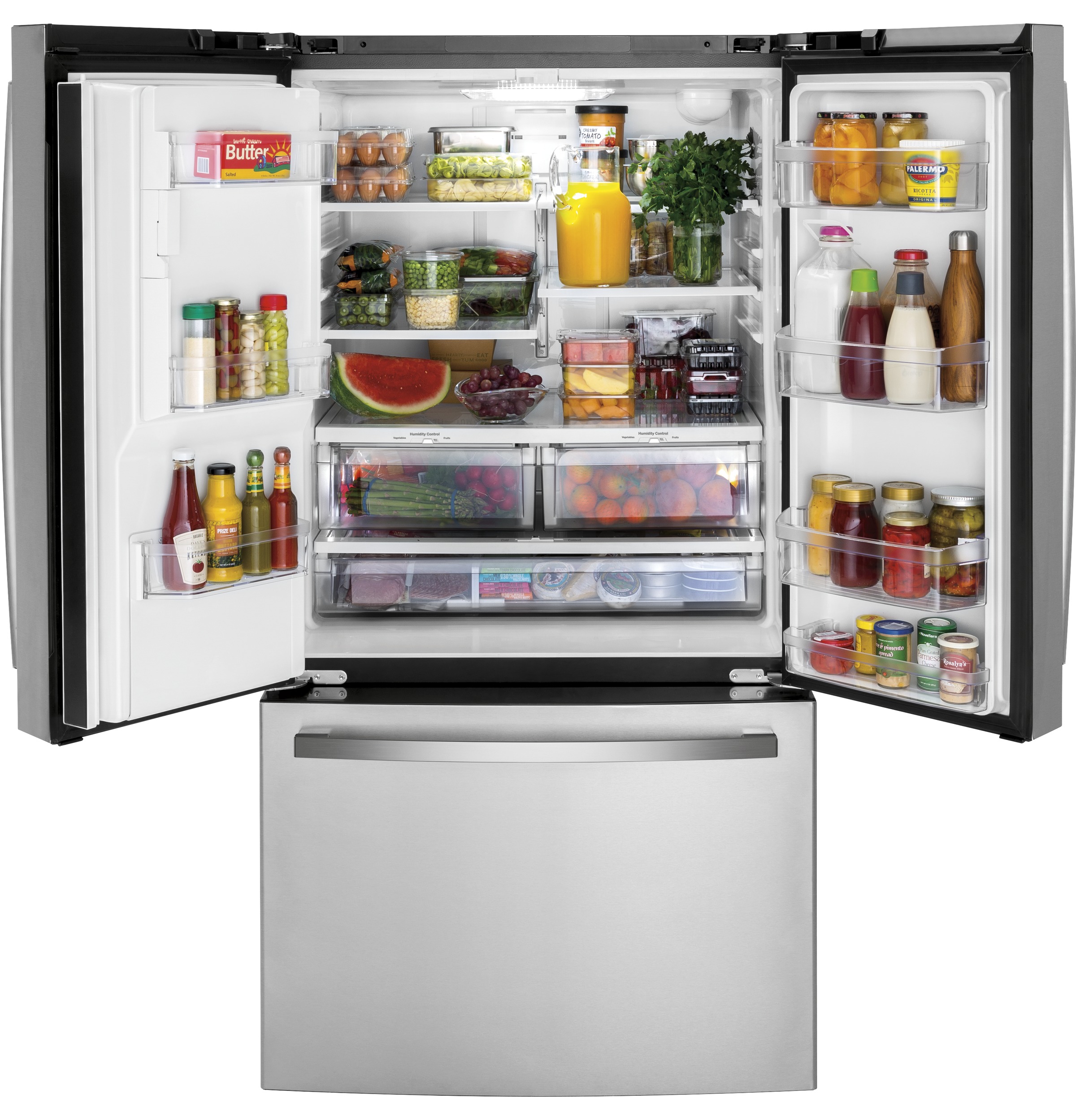 GE - 36 in. Wide 25.6 cu. ft. French Door Refrigerator With Space-Saving Ice Maker - Stainless Steel - View 3 | Fridge.com
