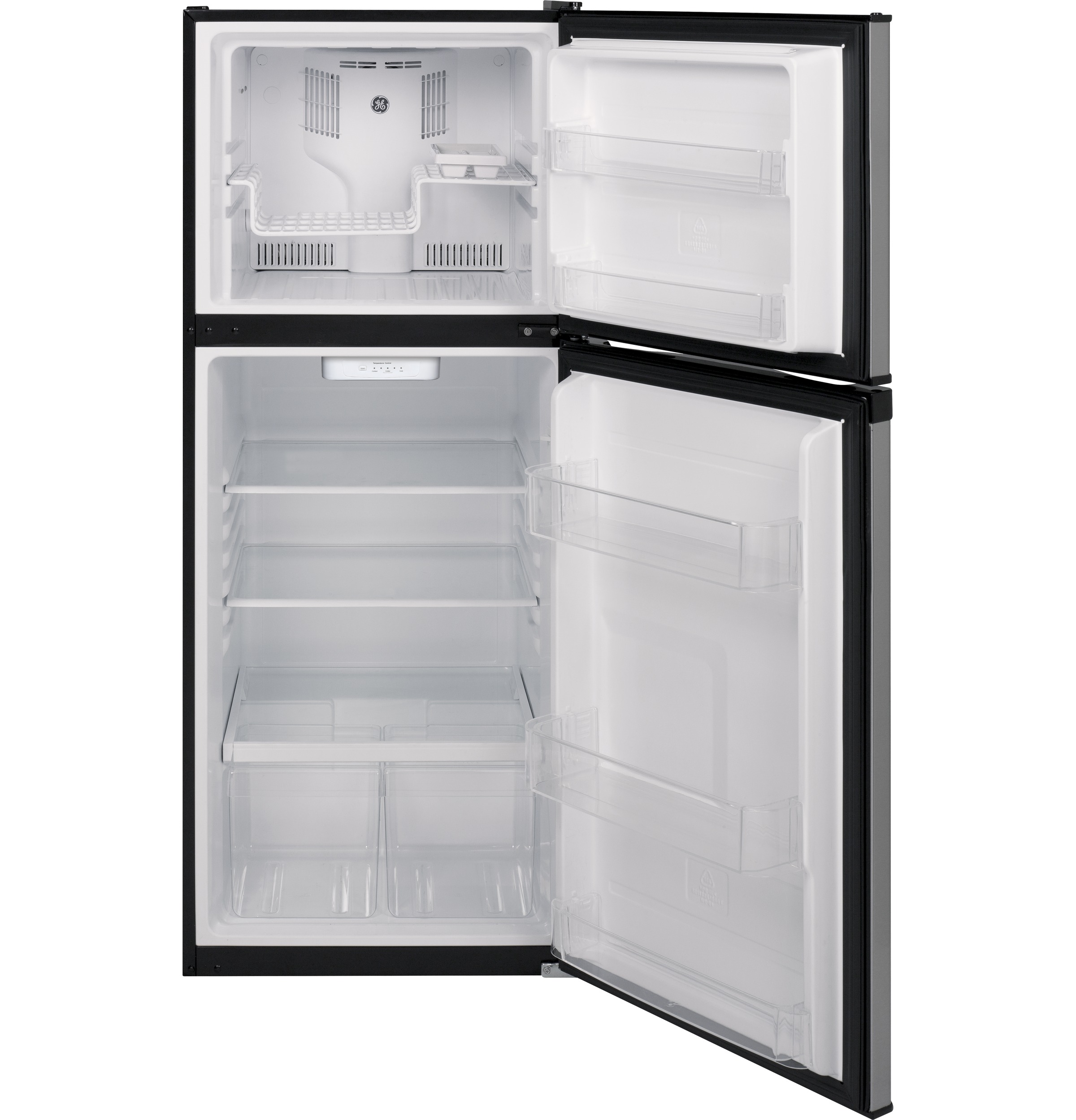 GE - 24 in. Wide 11.6 cu. ft. Top-Freezer Refrigerator With Energy Star Certification - Stainless Steel - View 5 | Fridge.com