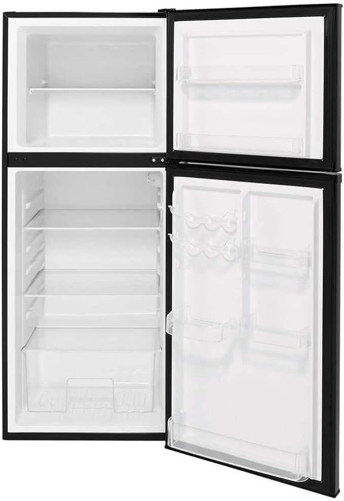 GE GPV10FGNBB 24" Top Freezer Refrigerator with 9.93 cu. ft. Capacity 12V DC Power Only LED Lighting and Adjustable Spillproof Glass Shelves in Black | Fridge.com