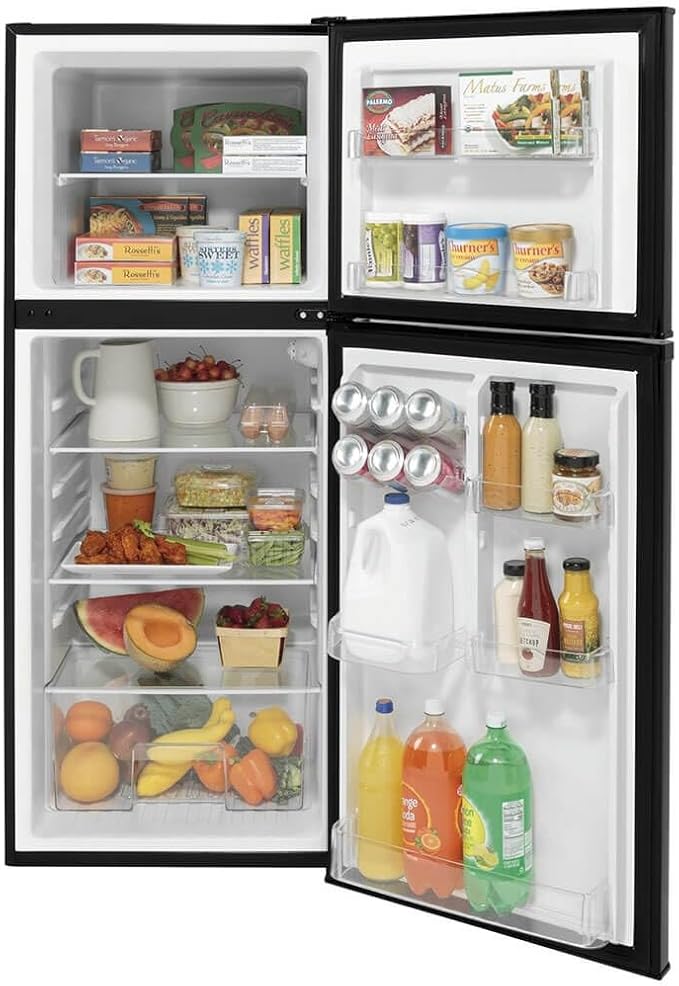 GE GPV10FGNBB 24" Top Freezer Refrigerator with 9.93 cu. ft. Capacity 12V DC Power Only LED Lighting and Adjustable Spillproof Glass Shelves in Black | Fridge.com