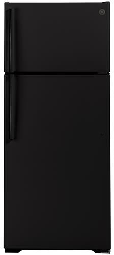 GE - 28 in. Wide 17.5 cu. ft. Top-Freezer Refrigerator With Edge-To-Edge Glass Shelves - Black - View 2 | Fridge.com