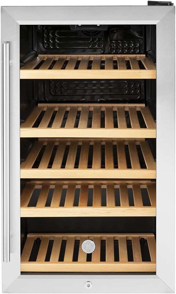 GE Wine Cooler & Beverage Refrigerator | Mini Fridge With Lock & Key Included | Complete With Oak Shelving, Glass Exterior & Warm Interior Lighting | Fits 109 Cans Or 31 Wine Bottles | Stainless Steel | Fridge.com