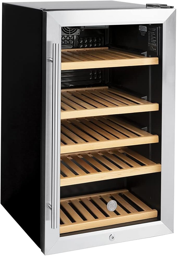 GE Wine Cooler & Beverage Refrigerator | Mini Fridge With Lock & Key Included | Complete With Oak Shelving, Glass Exterior & Warm Interior Lighting | Fits 109 Cans Or 31 Wine Bottles | Stainless Steel - View 2 | Fridge.com