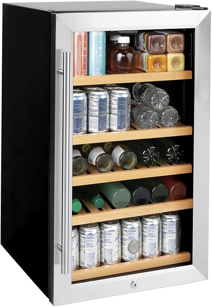 GE Wine Cooler & Beverage Refrigerator | Mini Fridge With Lock & Key Included | Complete With Oak Shelving, Glass Exterior & Warm Interior Lighting | Fits 109 Cans Or 31 Wine Bottles | Stainless Steel - View 3 | Fridge.com