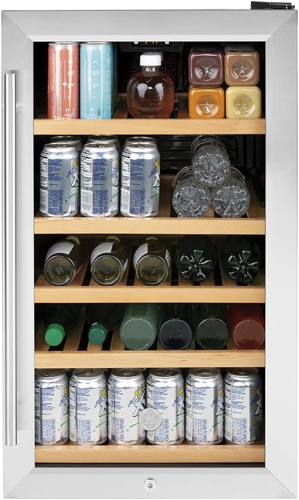 GE Wine Cooler & Beverage Refrigerator | Mini Fridge With Lock & Key Included | Complete With Oak Shelving, Glass Exterior & Warm Interior Lighting | Fits 109 Cans Or 31 Wine Bottles | Stainless Steel - View 4 | Fridge.com